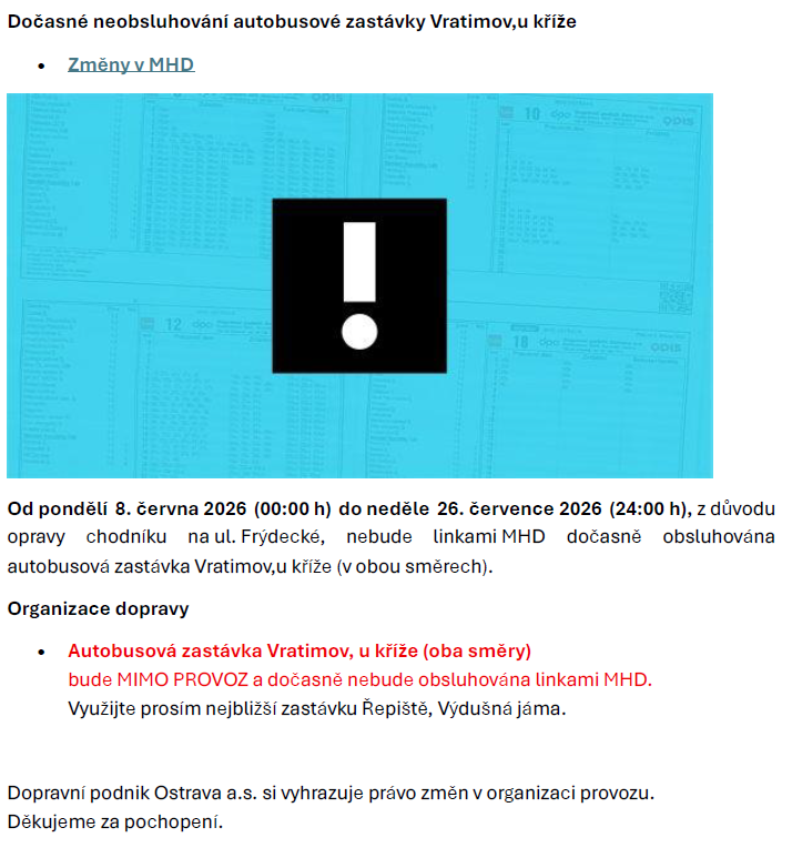 Dočasné neobsluhování autobusové zastávky Vratimov,u kříže